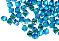 Swarovski, margele bicone, blue zircon AB2x, 4mm - x20