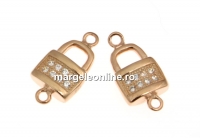 Link, lock with crystals, 925 silver rose gold plated, 13mm  - x1